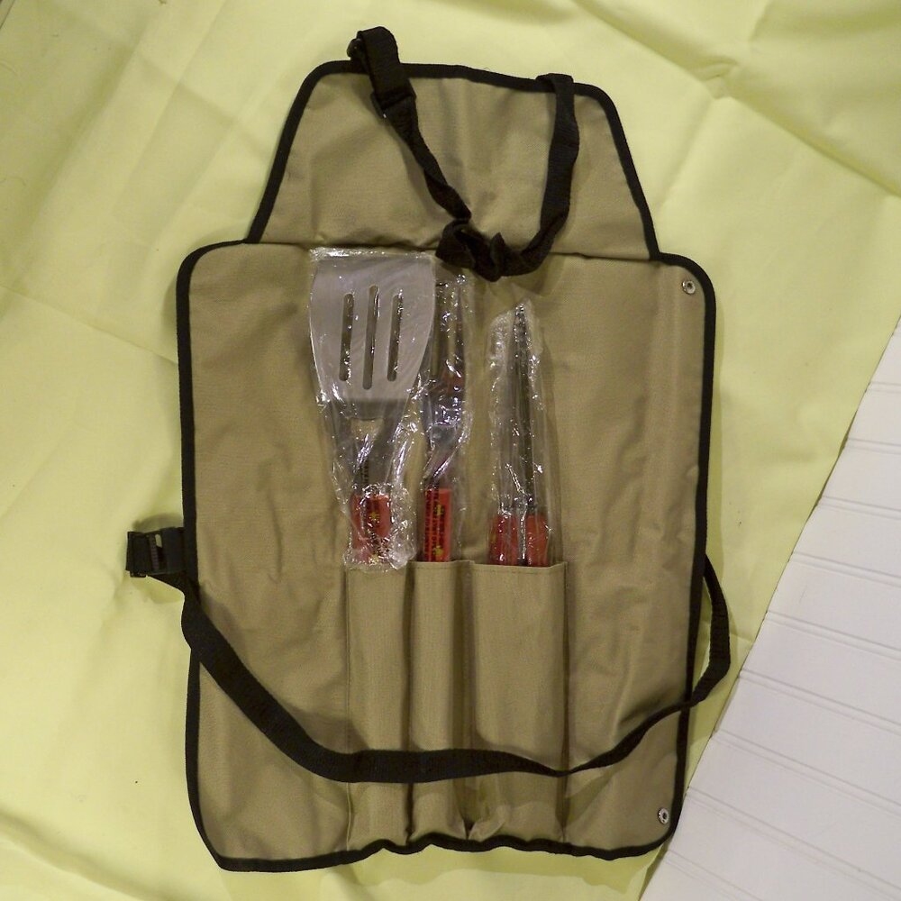 NEW 3 Stainless Steel Utensils, Apron BBQ/Grill Set